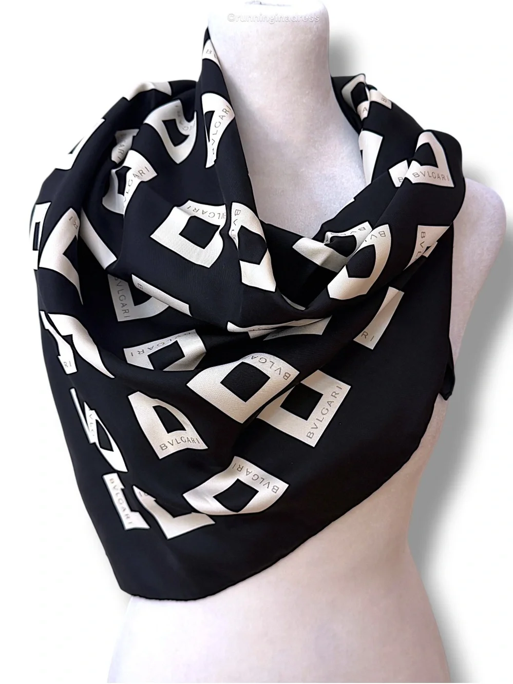 BVLGARI Vintage Quadrato Silk Scarf Black Cream Copper Geometric Square 90cm